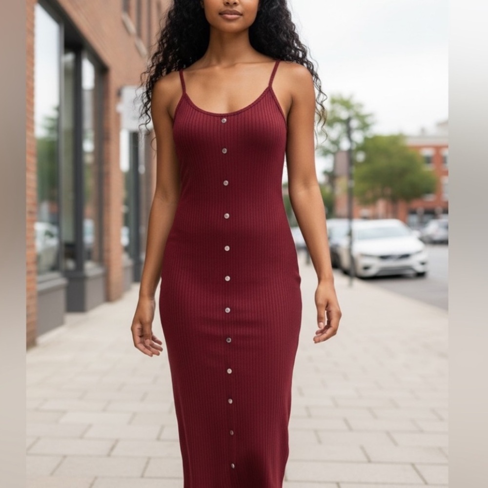 NEW• Love J Cabernet Ribbed Faux Button-Front Midi Dress•2X